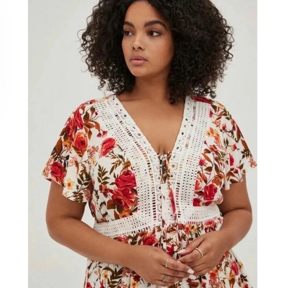 Torrid Babydoll Gauze Crochet Lace-Up Top Plus Size 1X NWT